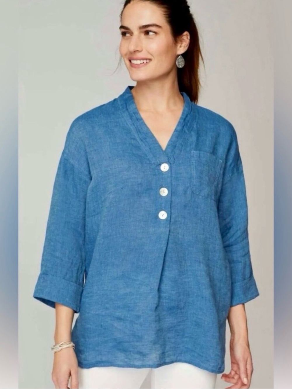 Relaxed Blue Linen V-Neck Button-Front Tunic